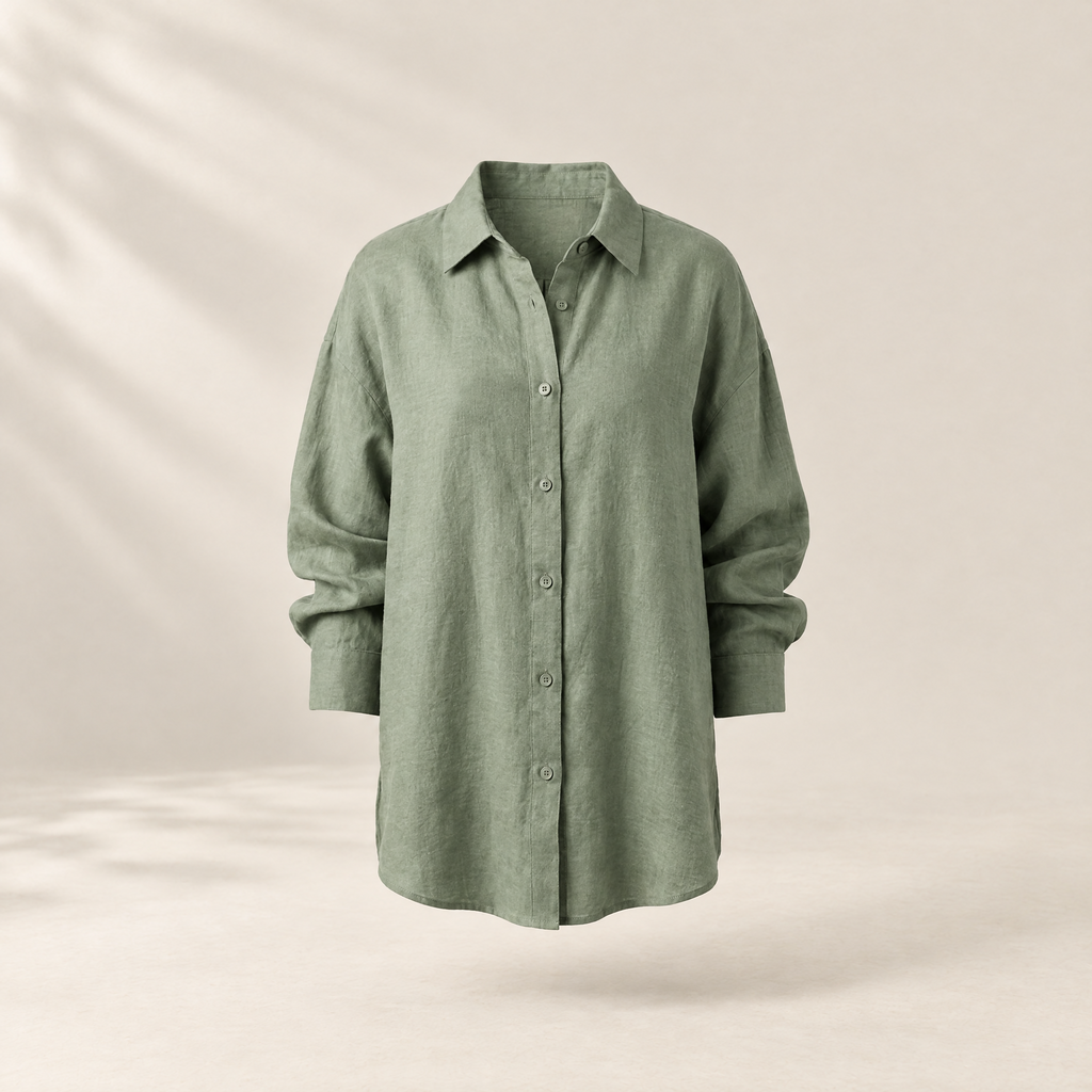 Sage green linen button-down shirt, front view