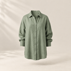 Sage green linen button-down shirt, front view