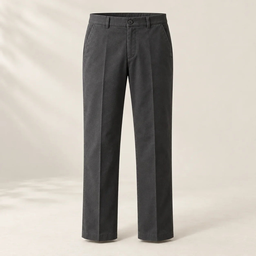 Charcoal straight-leg trousers, front view