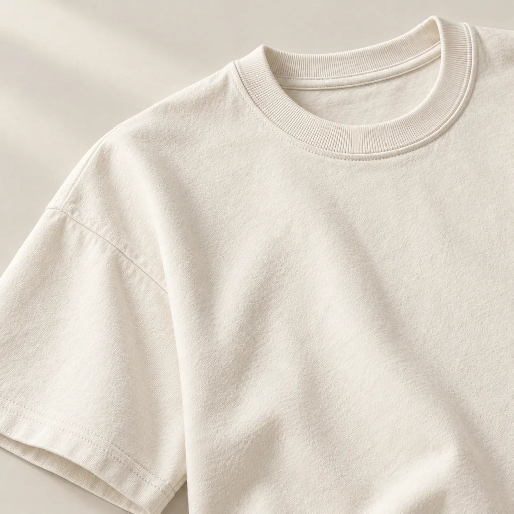 Crewneck and shoulder stitching of the ivory T-shirt